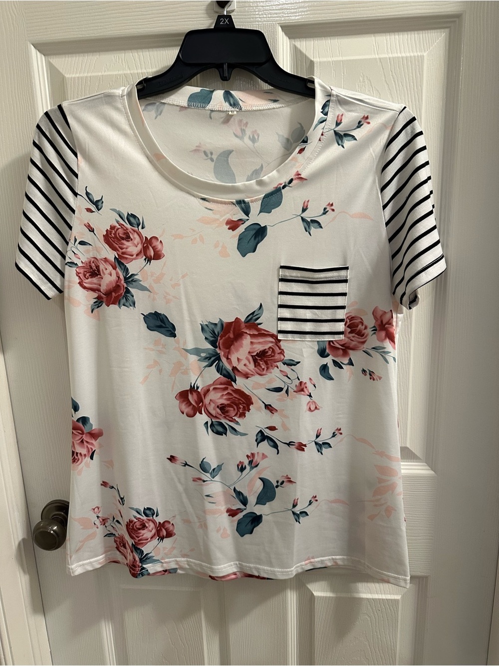 Floral Stripe Pocket Short-Sleeve Tee - White with Rose Print NWOT never worn